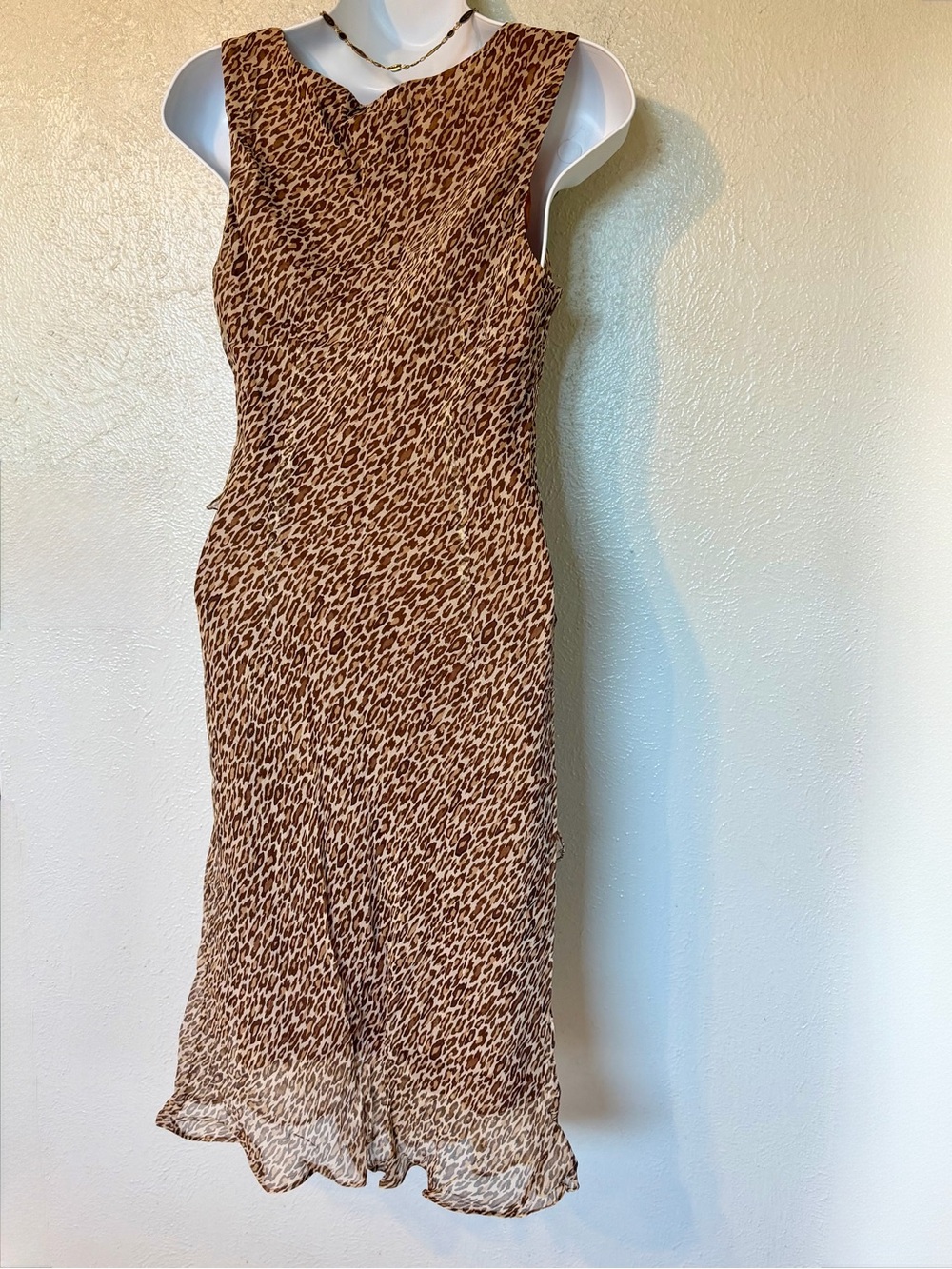 Y2K VTG 100% Silk Ruffle Tiered Floral & Leopard Print Asymmetrical Midi Dress 6 - Picture 8 of 11